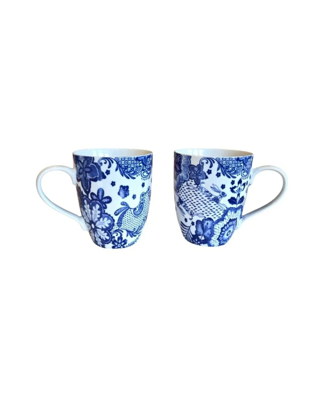 Pier 1 Blue White Floral Rabbit Bird Motif Porcelain Mugs Set of 2 *READ